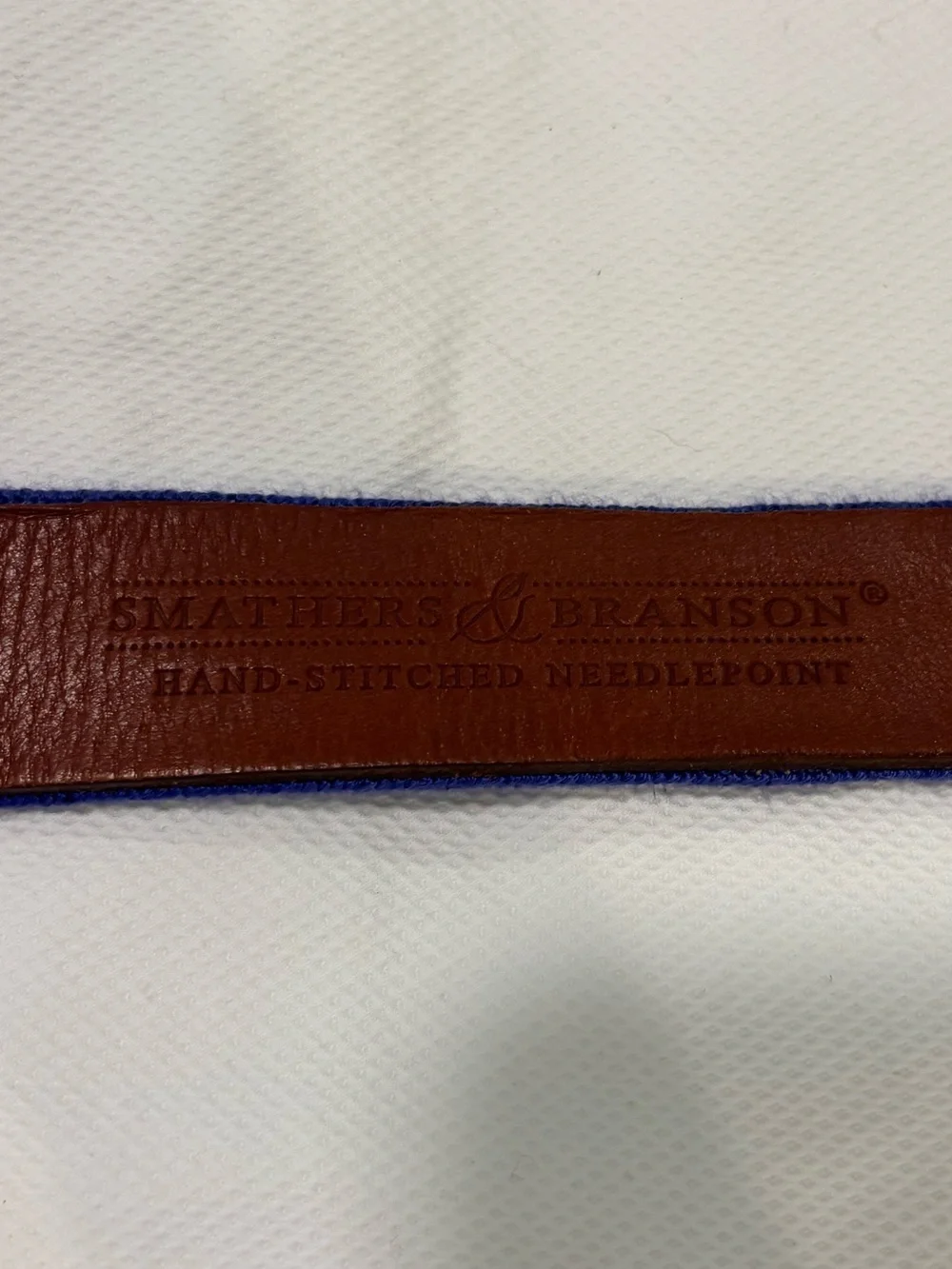 Blue needlepoint Belt with Brown Leather Trim and Brass Buckle